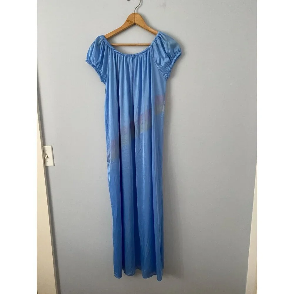 Vintage Summer Nightgown, Blue with Red and Yellow Diagonal Stripes, Size Medium - Picture 2 of 7
